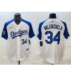 Men Los Angeles Dodgers 34 Toro Valenzuela White Blue Vin Patch Cool Base Stitched Baseball Jersey