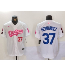 Men Los Angeles Dodgers 37 Teoscar Hernandez White Pink Vin  26 Kobe Patch Stitched Baseball Jersey 3