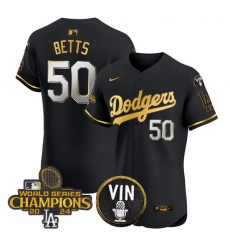 Men Los Angeles Dodgers 50 Mookie Betts Black Gold 2024 World Series Champions With Vin Patch Vapor Limited Stitched Baseball Jersey