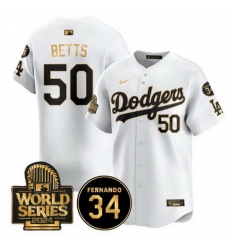 Men Los Angeles Dodgers 50 Mookie Betts White Gold 2024 World Series With Fernando Memorial Patch Limited Stitched Baseball Jersey