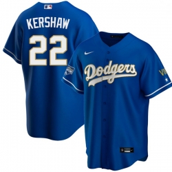 Men Los Angeles Dodgers Clayton Kershaw 22 Championship Gold Trim Blue Limited All Stitched Cool Base Jersey