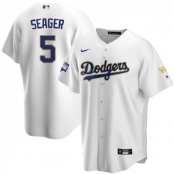 Men Los Angeles Dodgers Corey Seager 5 Championship Gold Trim White Limited All Stitched Cool Base Jersey