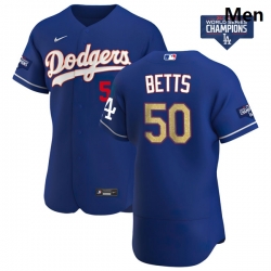 Men Los Angeles Dodgers Mookie Betts 50 Gold Program Designed Edition Blue Flex Base Stitched Jersey