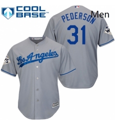 Mens Majestic Los Angeles Dodgers 31 Joc Pederson Replica Grey Road 2017 World Series Bound Cool Base MLB Jersey