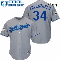 Mens Majestic Los Angeles Dodgers 34 Fernando Valenzuela Replica Grey Road 2017 World Series Bound Cool Base MLB Jersey