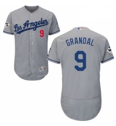 Mens Majestic Los Angeles Dodgers 9 Yasmani Grandal Authentic Grey Road 2017 World Series Bound Flex Base Jersey