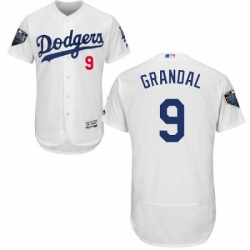 Mens Majestic Los Angeles Dodgers 9 Yasmani Grandal White Home Flex Base Authentic Collection 2018 World Series Jersey