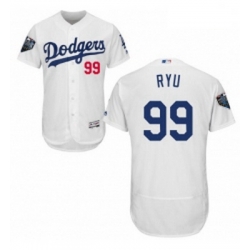 Mens Majestic Los Angeles Dodgers 99 Hyun Jin Ryu White Home Flex Base Authentic Collection 2018 World Series Jersey