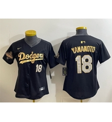 Women Los Angeles Dodgers 18 Yoshinobu Yamamoto Black Gold 2025 World Series Champions Patch Limited Stitched Baseball Jersey 
