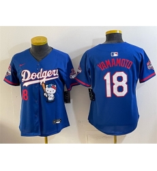 Women Los Angeles Dodgers  18 Yoshinobu Yamamoto Royal Hello Kitty Night 2025 World Series Champions Patch Stitched Baseball Jersey  