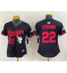 Women Los Angeles Dodgers  22 Clayton Kershaw Black Hello Kitty Night 2025 World Series Champions Patch Stitched Baseball Jersey