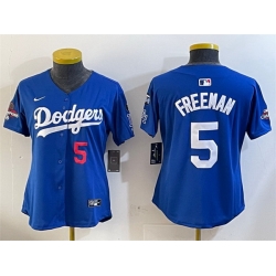 Women Los Angeles Dodgers 5 Freddie Freeman Royal 2024 World Series Champions With Fernando Memorial Patch Alternate Limited Stitched Baseball Jersey 28Run