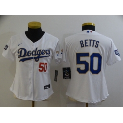 Women Los Angeles Dodgers 50 Mookie Betts White Gold Championship Cool Base Stitched Jersey