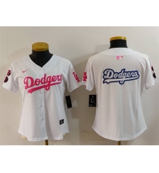 Women Los Angeles Dodgers Team Big Logo White Pink Vin  26 Kobe Patch Stitched Baseball Jersey 1