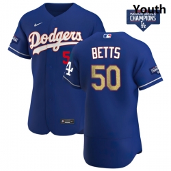 Youth Los Angeles Dodgers Mookie Betts 50 Gold Program Designed Edition Blue Flex Base Stitched Jersey