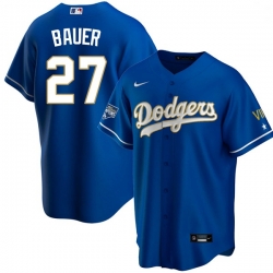 Youth Los Angeles Dodgers Trevor Bauer 27 Championship Gold Trim Blue Limited All Stitched Cool Base Jersey