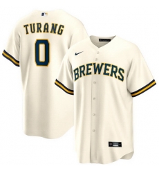 Men Milwaukee Brewers 0 Brice Turang Cream Cool Base Stitched Jersey