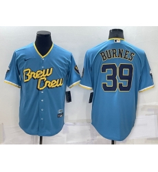 Men Milwaukee Brewers 39 Corbin Burnes 2022 Powder Blue City Connect Cool Base Stitched Jersey