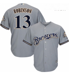 Mens Majestic Milwaukee Brewers 13 Glenn Robinson Replica Grey Road Cool Base MLB Jersey