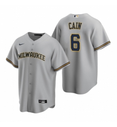 Mens Nike Milwaukee Brewers 6 Lorenzo Cain Gray Road Stitched Baseball Jersey