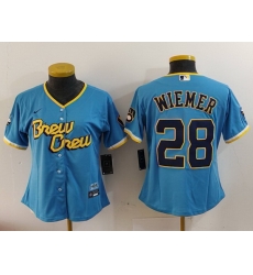 Women Milwaukee Brewers 28 Joey Wiemer Powder Blue City Connect Cool Base Stitched Jersey