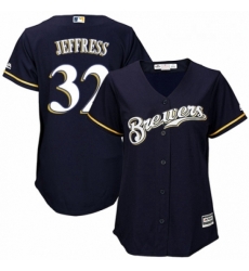 Womens Majestic Milwaukee Brewers 32 Jeremy Jeffress Replica Navy Blue Alternate Cool Base MLB Jersey 