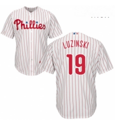 Mens Majestic Philadelphia Phillies 19 Greg Luzinski Replica WhiteRed Strip Home Cool Base MLB Jersey