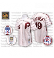 Mens Mitchell and Ness Philadelphia Phillies 19 Greg Luzinski Replica WhiteRed Strip Throwback MLB Jersey