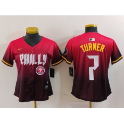 Women Philadelphia Phillies 7 Trea Turner Red 2024 City Connect Limited Stitched Baseball Jersey 2