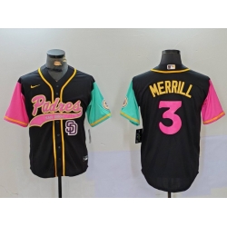 Men San Diego Padres 3 Jackson Merrill Black Cool Base Stitched Baseball Jersey 2