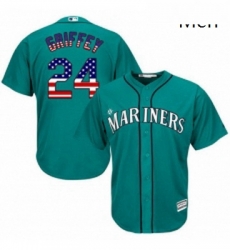 Mens Majestic Seattle Mariners 24 Ken Griffey Authentic Teal Green USA Flag Fashion MLB Jersey