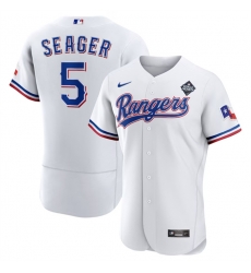 Men Texas Rangers 5 Corey Seager White 2023 World Series Flex Base Stitched Baseball Jersey