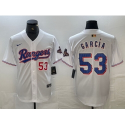 Men Texas Rangers 53 Adolis Garc EDa White Gold Cool Base Stitched Baseball Jersey II