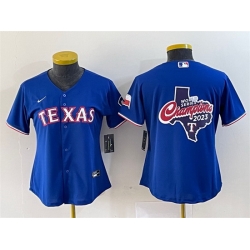 Women Texas Rangers Royal 2023 World Series Champions Big Logo With Patch Stitched Baseball Jersey 28Run Small 29