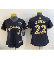 Women Toronto Blue Jays 22 Ernie Clement Black Gold 2025 American League Champions Limited Stitched Baseball Jersey Women Toronto Blue Jays 22 Ernie Clement Black Gold 2025 American League Champions Limited Stitched Baseball Jersey