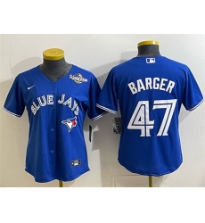Women Toronto Blue Jays 47 Addison Barger Royal 2025 World Series Cool Base Stitched Baseball Jersey Women Toronto Blue Jays 47 Addison Barger Royal 2025 World Series Cool Base Stitched Baseball Jersey