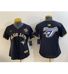 Women Toronto Blue Jays Team Big Logo Black Gold 2025 American League Champions Limited Stitched Baseball Jersey Women Toronto Blue Jays Team Big Logo Black Gold 2025 American League Champions Limited Stitched Baseball Jersey