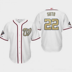 Men Washington Nationals  22 Juan Soto White 2019 World Series Champions Gold Program Cool Base Jersey