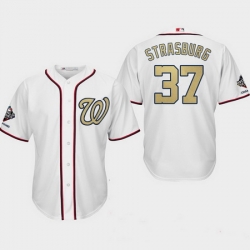 Men Washington Nationals 37 Stephen Strasburg  White 2019 World Series Champions Gold Program Cool Base Jersey