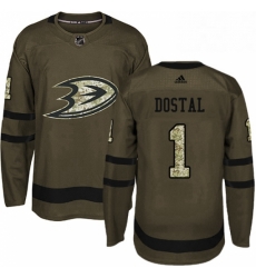 Mens Adidas Anaheim Ducks 1 Lukas Dostal Authentic Green Salute to Service NHL Jersey 