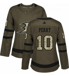 Womens Adidas Anaheim Ducks 10 Corey Perry Authentic Green Salute to Service NHL Jersey 