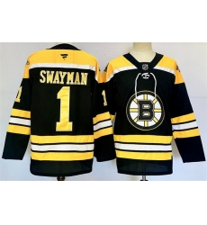 Men Boston Bruins 1 Jeremy Swayman Black 2024 25 Home Stitched Hockey Jersey