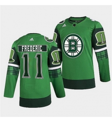 Men Boston Bruins 11 Trent Frederic 2022 Green St Patricks Day Warm Up Stitched jersey