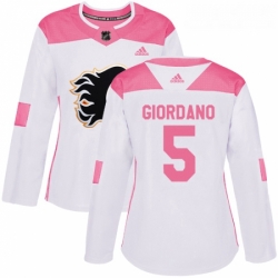 Womens Adidas Calgary Flames 5 Mark Giordano Authentic WhitePink Fashion NHL Jersey 