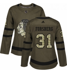 Womens Adidas Chicago Blackhawks 31 Anton Forsberg Authentic Green Salute to Service NHL Jersey 