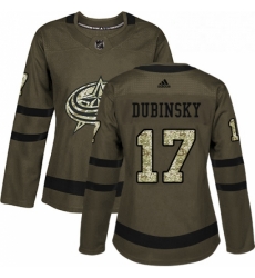 Womens Adidas Columbus Blue Jackets 17 Brandon Dubinsky Authentic Green Salute to Service NHL Jersey 