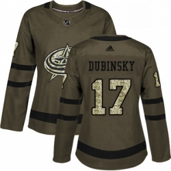 Womens Adidas Columbus Blue Jackets 17 Brandon Dubinsky Authentic Green Salute to Service NHL Jersey 