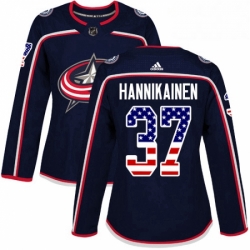 Womens Adidas Columbus Blue Jackets 37 Markus Hannikainen Authentic Navy Blue USA Flag Fashion NHL Jersey 