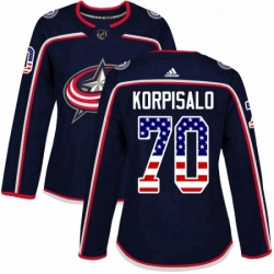 Womens Adidas Columbus Blue Jackets 70 Joonas Korpisalo Authentic Navy Blue USA Flag Fashion NHL Jersey 