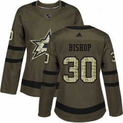 Womens Adidas Dallas Stars 30 Ben Bishop Authentic Green Salute to Service NHL Jersey 